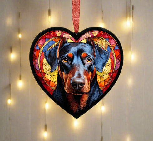 Doberman Stained Glass Effect Heart Suncatcher